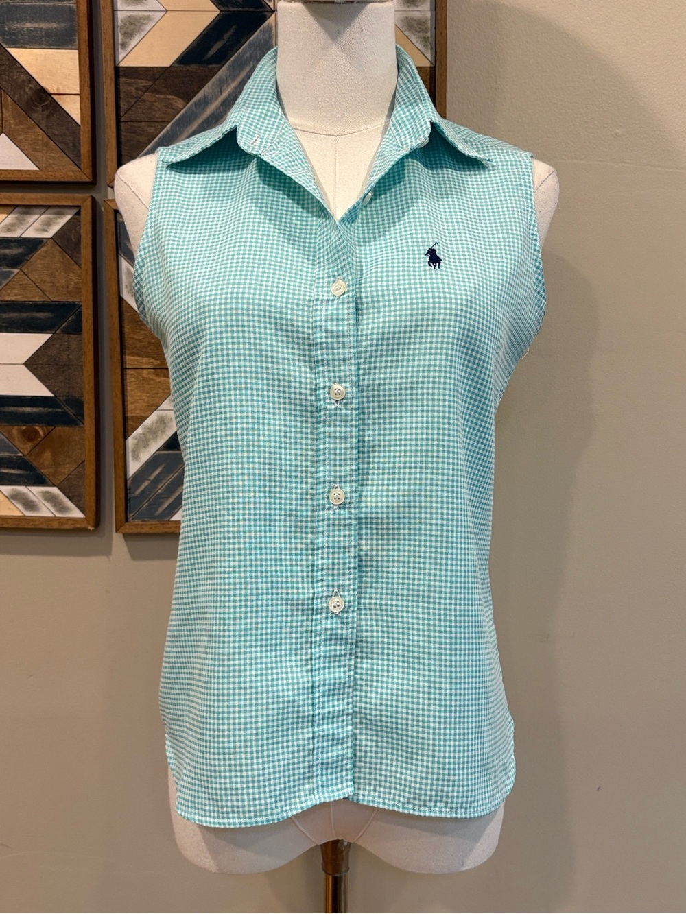 Vintage Ralph Lauren Blue Label Aqua Gingham Sleeveless Button-Down Top Medium